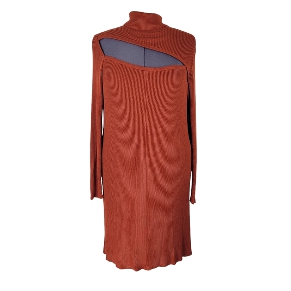 ASOS Midi Ribbed Knit Sweater Dress Size 24 Brown Rust Mock Neck Cut Out Front - Picture 2 of 11